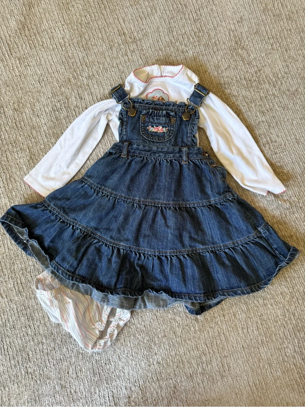 Janie And Jack 3 Piece Denim Overall Dress Horse Bodysuit Bloomers 12-18M